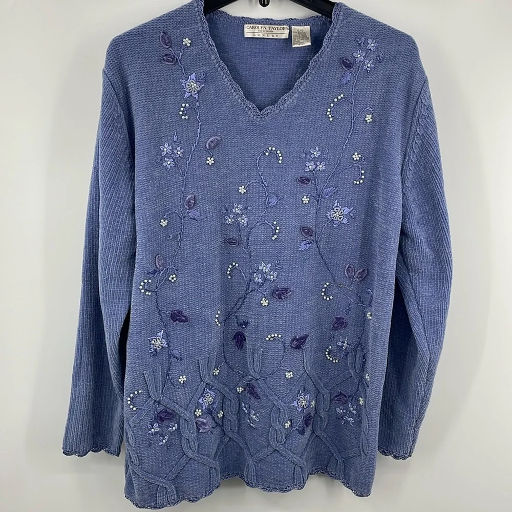 Vintage Carolyn Taylor Embroidered Floral Knit Sweater Size Large